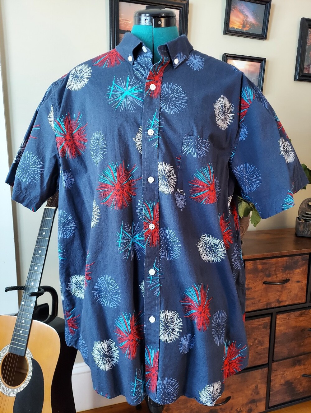 Club Room Hawaiian Short Sleeve Navy Fireworks Print Shirt